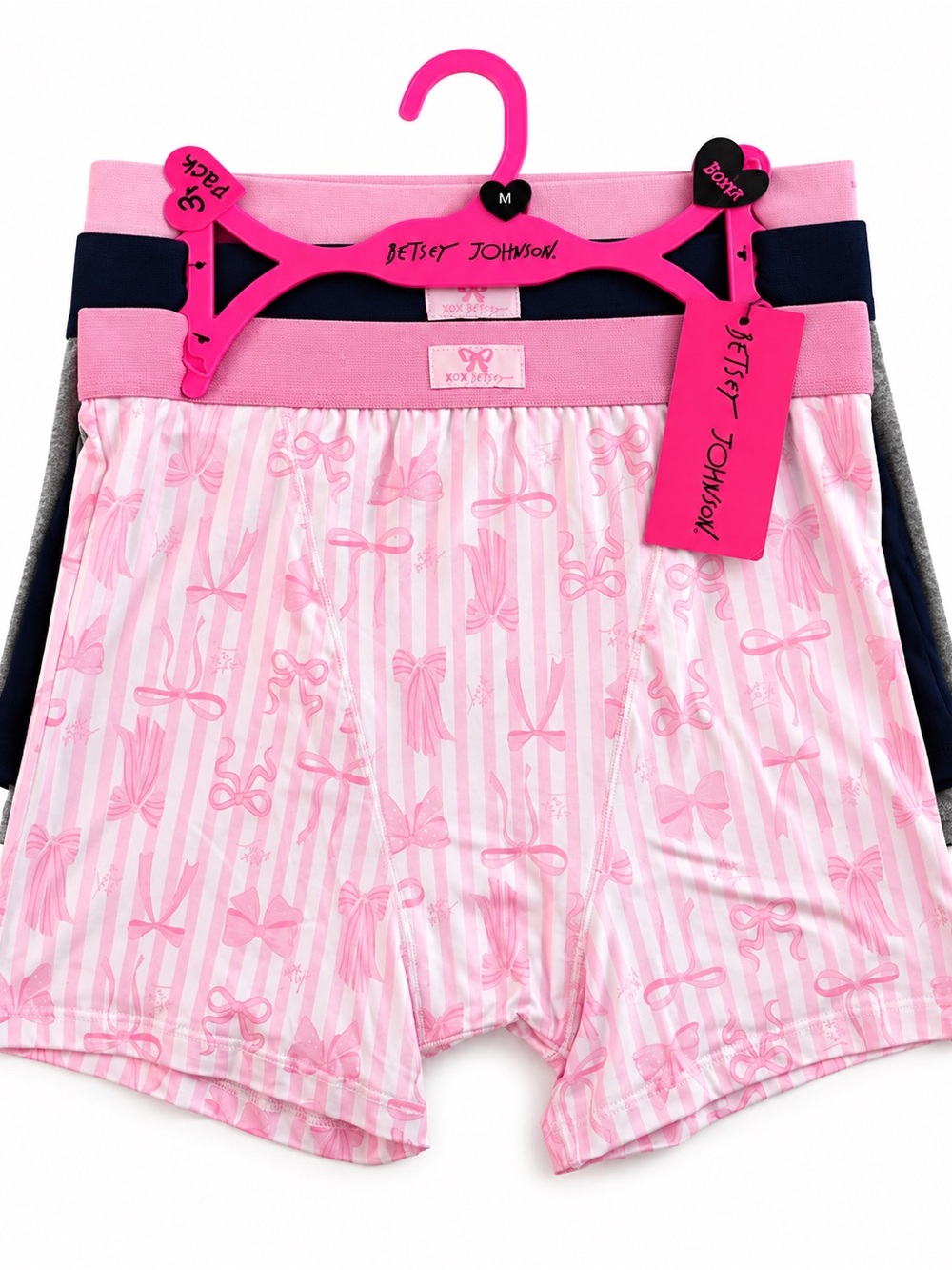 Betsey Johnson 3 Pack Boxer Briefs Pink Bow Print Coquette Size M NWT